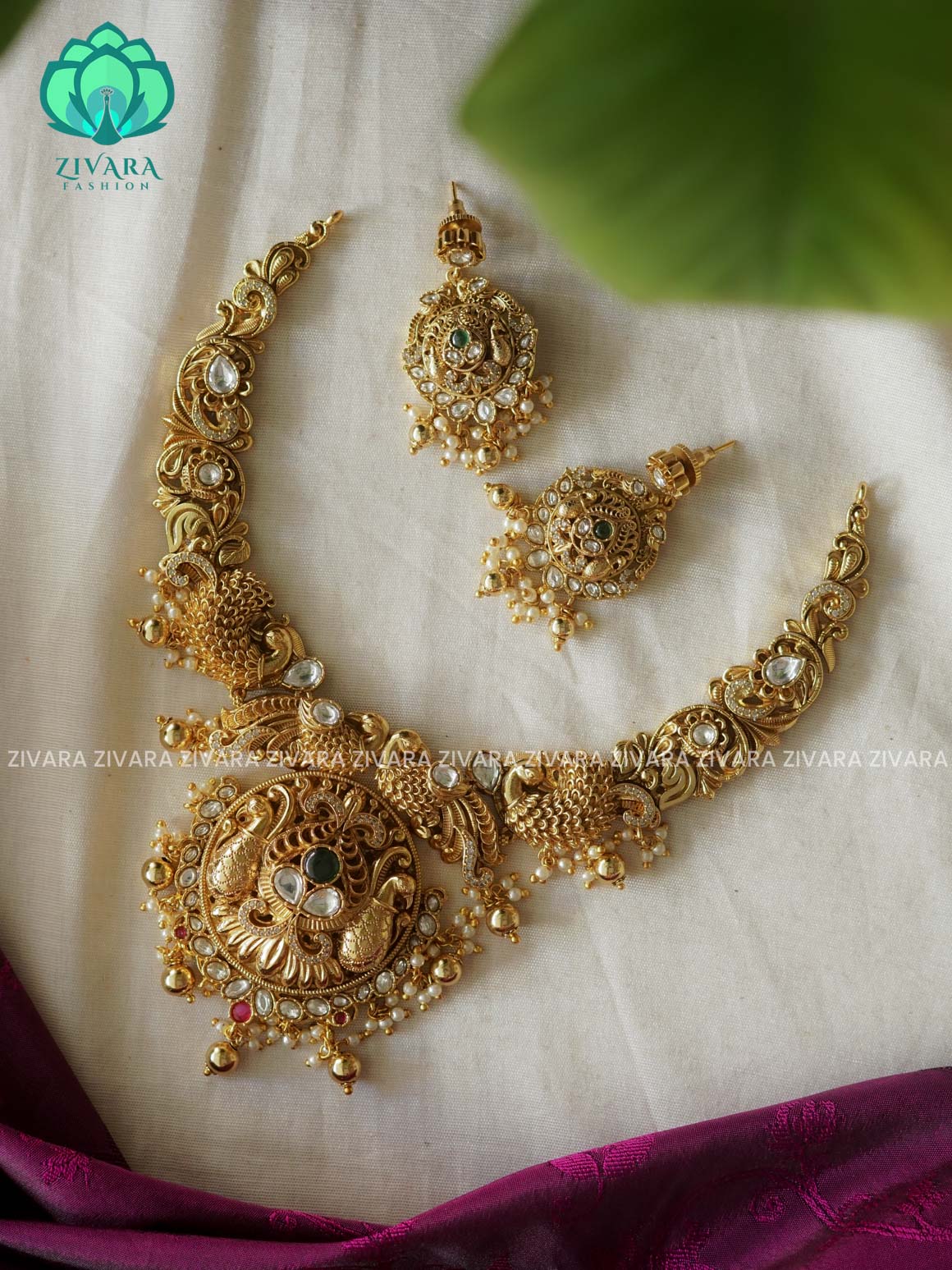 BRIDAL POLKI STONE BRIDAL-Traditional south indian premium neckwear with earrings- Zivara Fashion- latest jewellery design.