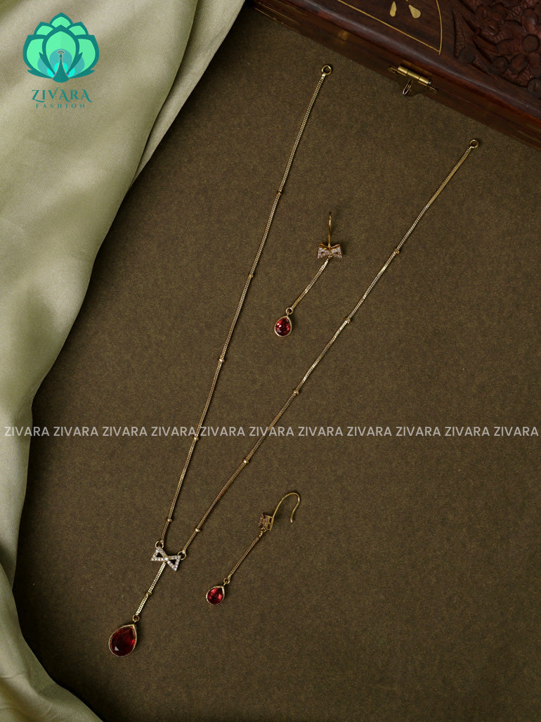 RED SIMPLE CHAIN WITH bow PENDANT Traditional south indian premium neckwear with earrings- Zivara Fashion- latest jewellery design