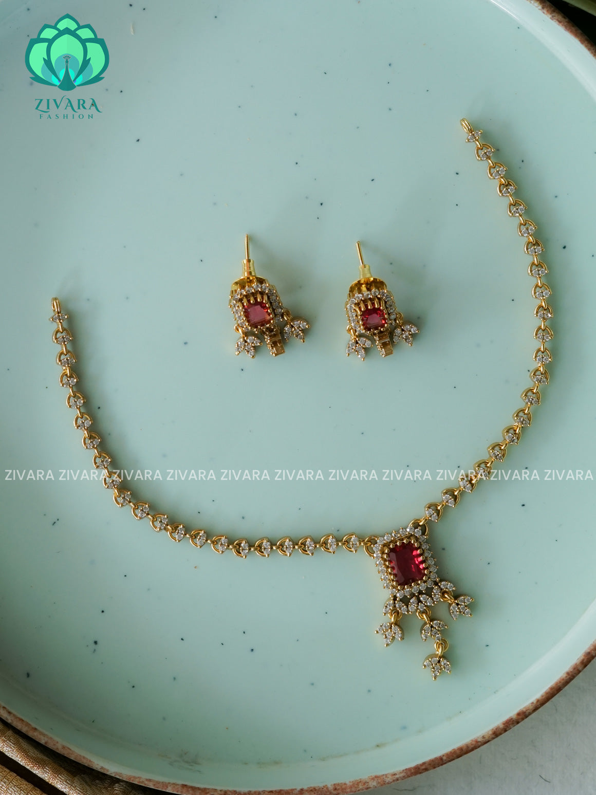 RUBY  SMALL SIZE  -PREMIUM SUBTLE GOLD FINISH  stylish and minimal elegant neckwear with earrings- Zivara FashioN