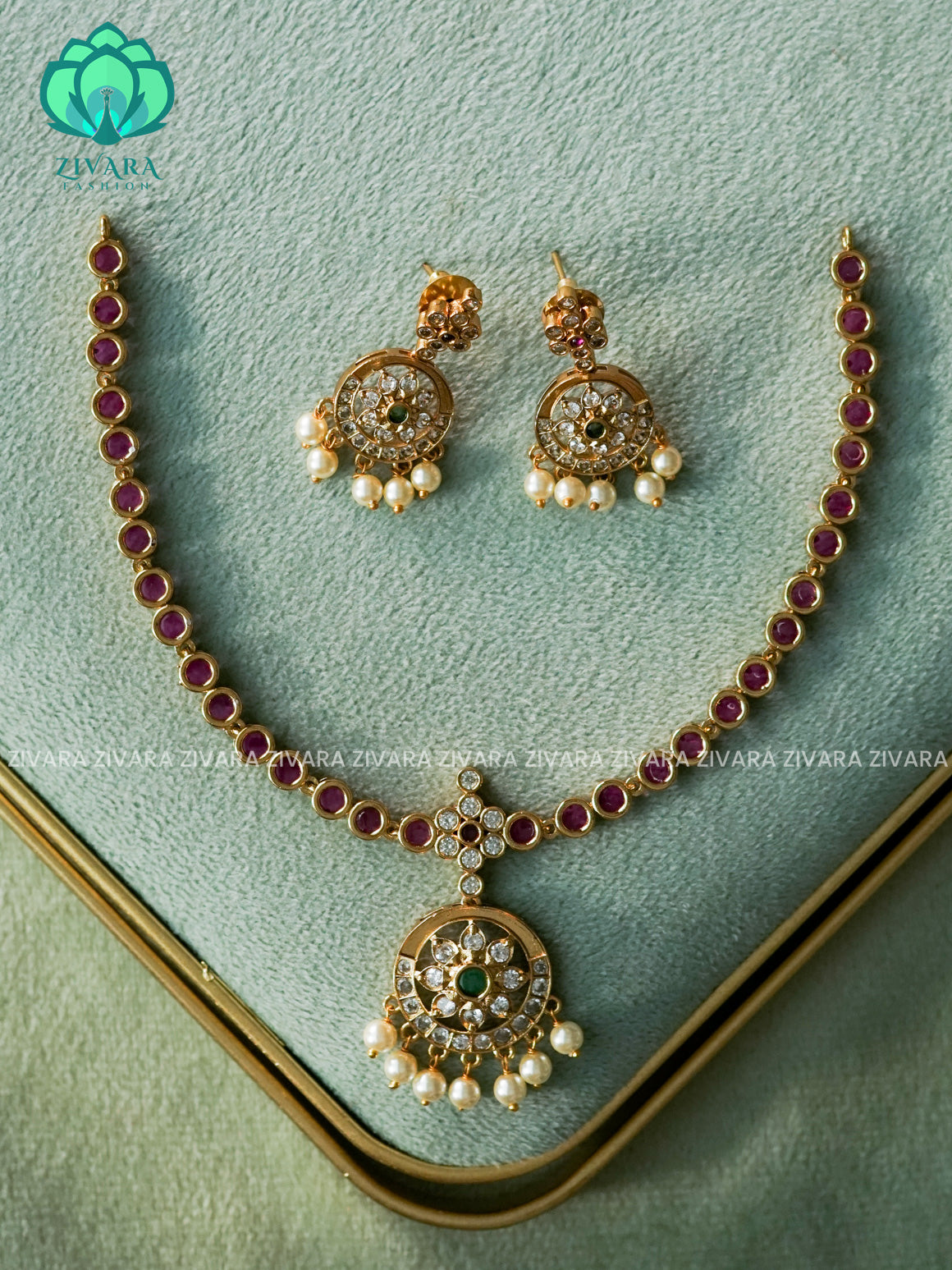 EVERGREEN MATTE FINISH ruby green stone attigai-Traditional south indian premium neckwear - Zivara Fashion- latest jewellery design.
