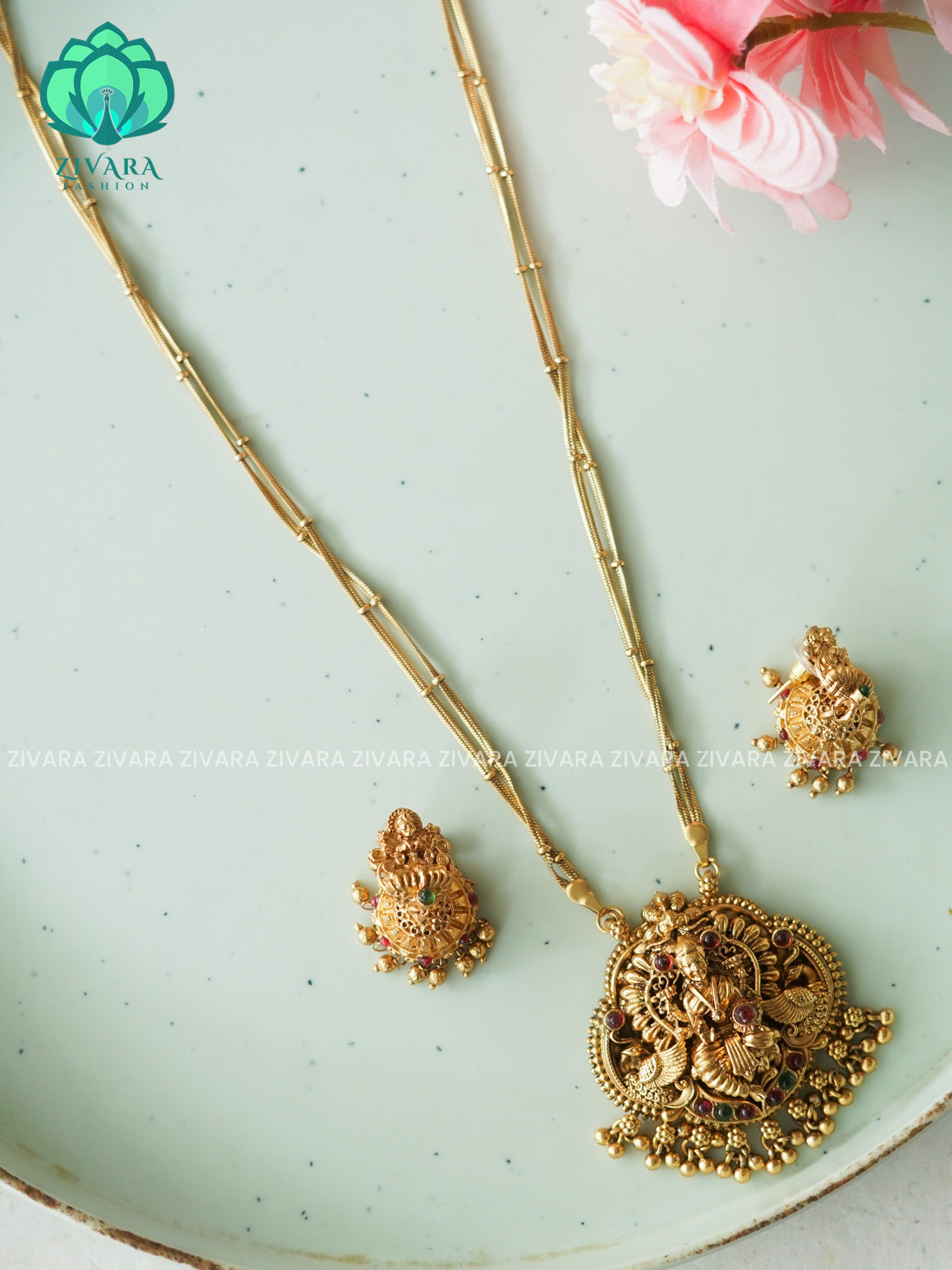 NITHYA TEMPLE NO STONE NORMAL MATTE neckwear with earrings- Zivara Fashion- latest jewellery design