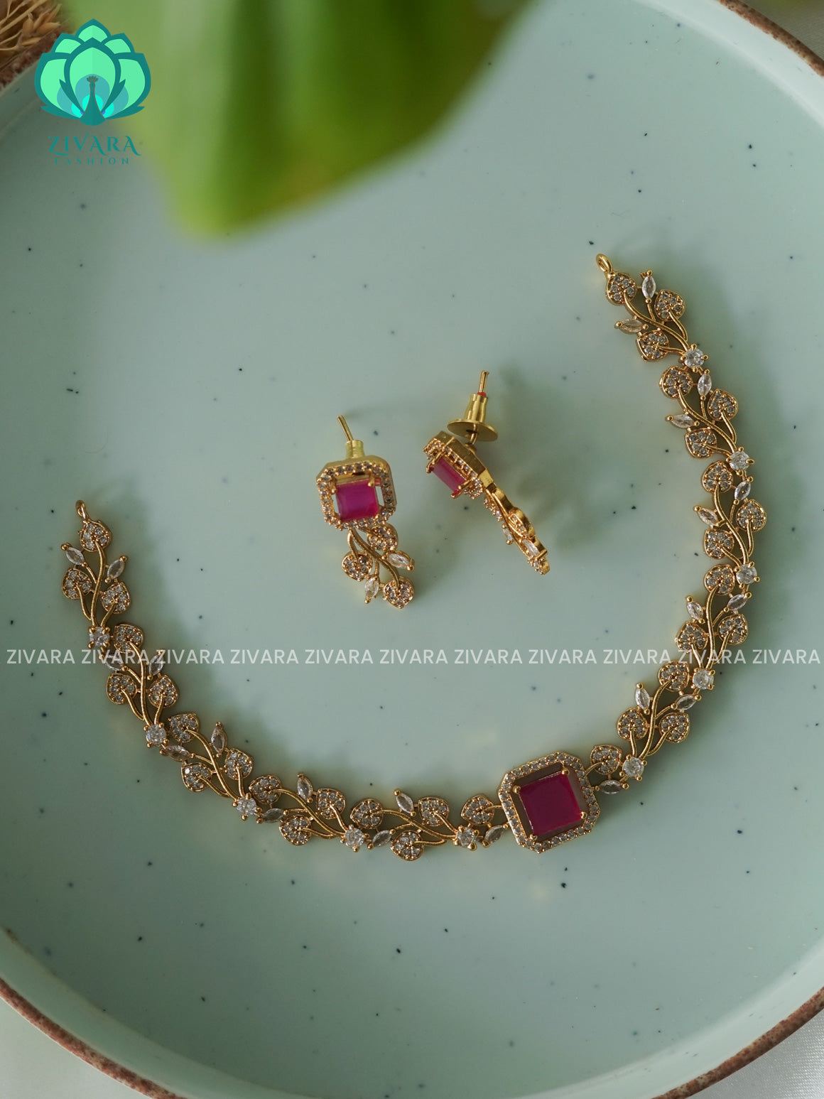 Ruby  - Square stone leafy   - PREMIUM SUBTLE GOLD FINISH stylish and minimal elegant neckwear with earrings- Zivara Fashion