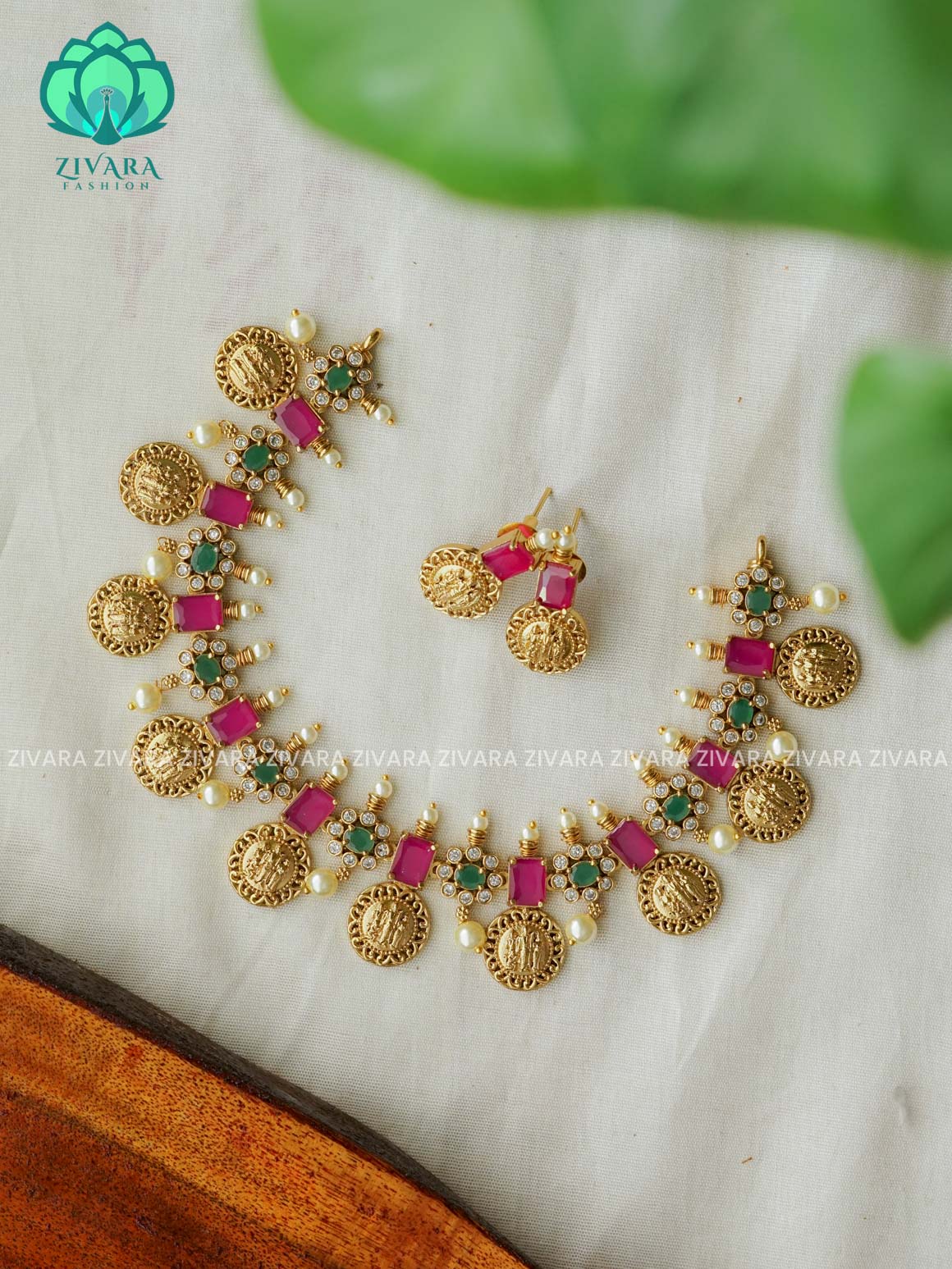 RUBY RAM PARIVAR TEMPLE COIN  -Traditional south indian premium neckwear with earrings- Zivara Fashion- latest jewellery design.