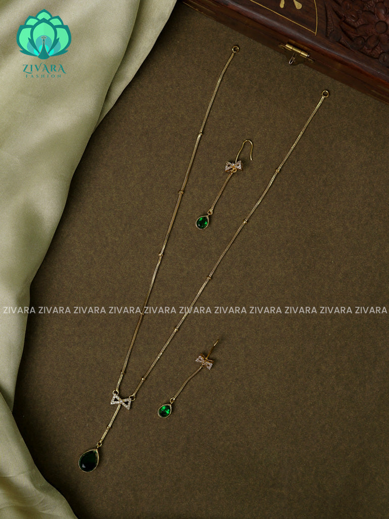 GREEN SIMPLE CHAIN WITH bow PENDANT Traditional south indian premium neckwear with earrings- Zivara Fashion- latest jewellery design