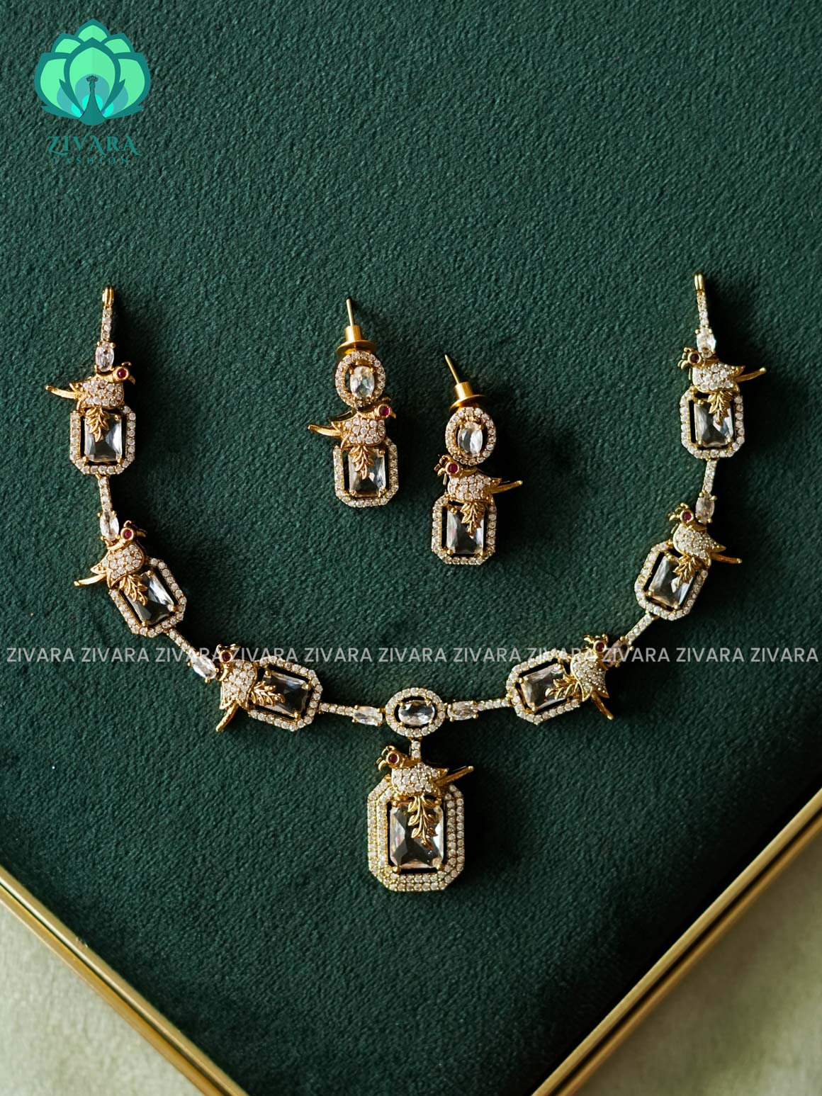 WHITE-CUTE PARROT NECK WEAR WITH EARRINGS   - Premium quality CZ Matte collection-south indian jewellery