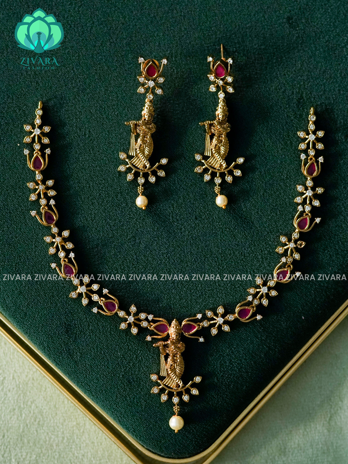 KRISHNA WHITE RUBY STONE ELEGANT - stylish and minimal elegant neckwear with earrings- Zivara Fashion