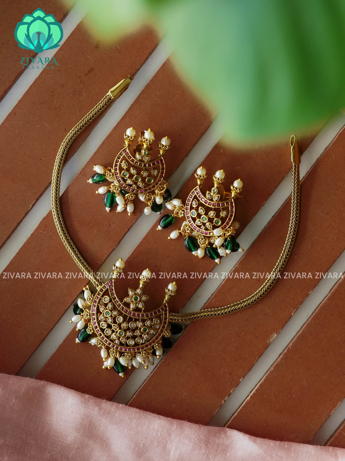 GREEN BEADS AND MOON FLEXIBLE CHAIN  -Traditional south indian premium neckwear with earrings- Zivara Fashion- latest jewellery design