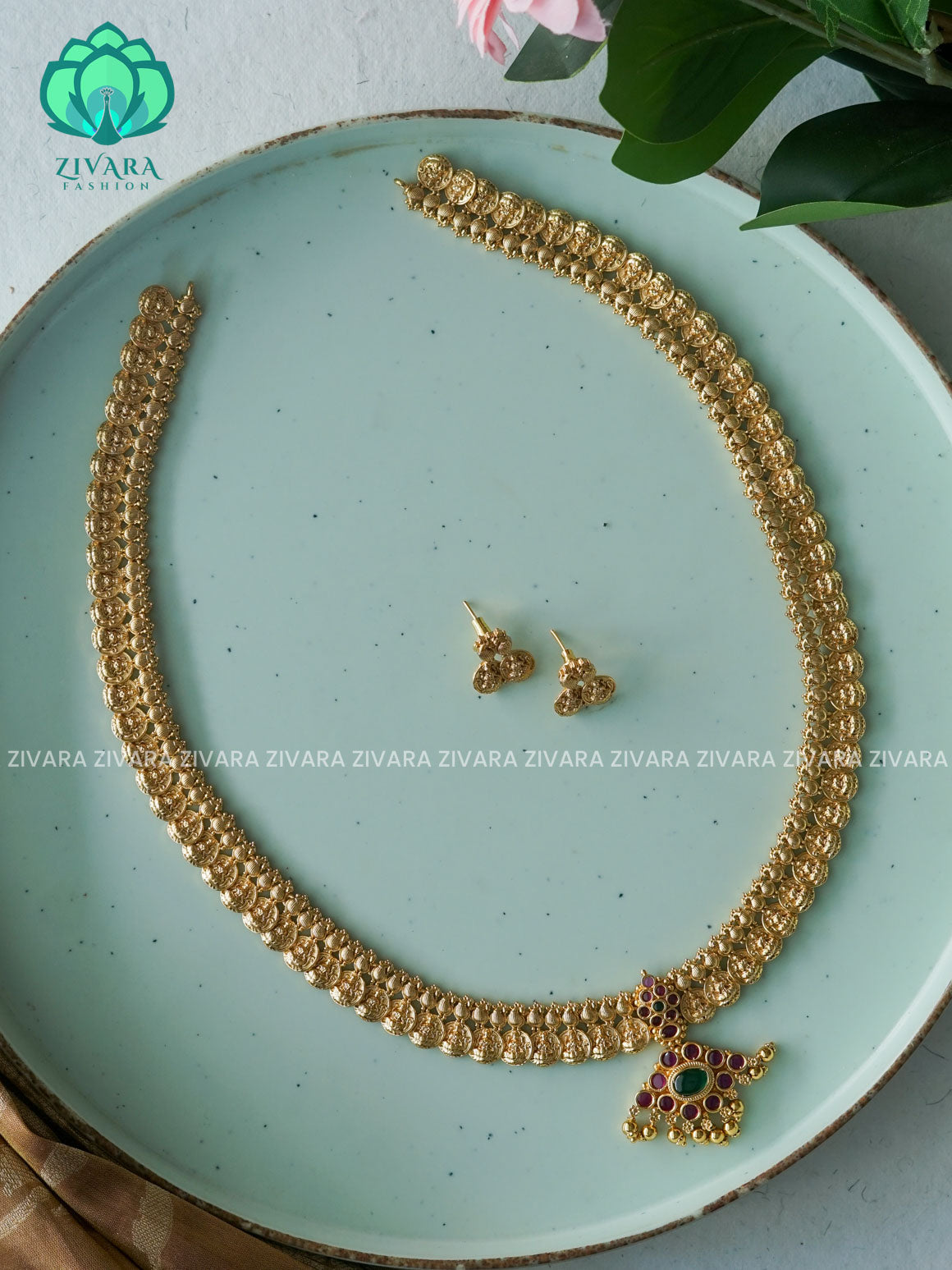LONG CHAIN coin - Traditional PREMIUM MATTE polish MIDCHEST haaram/neckwear with earrings- Zivara Fashion