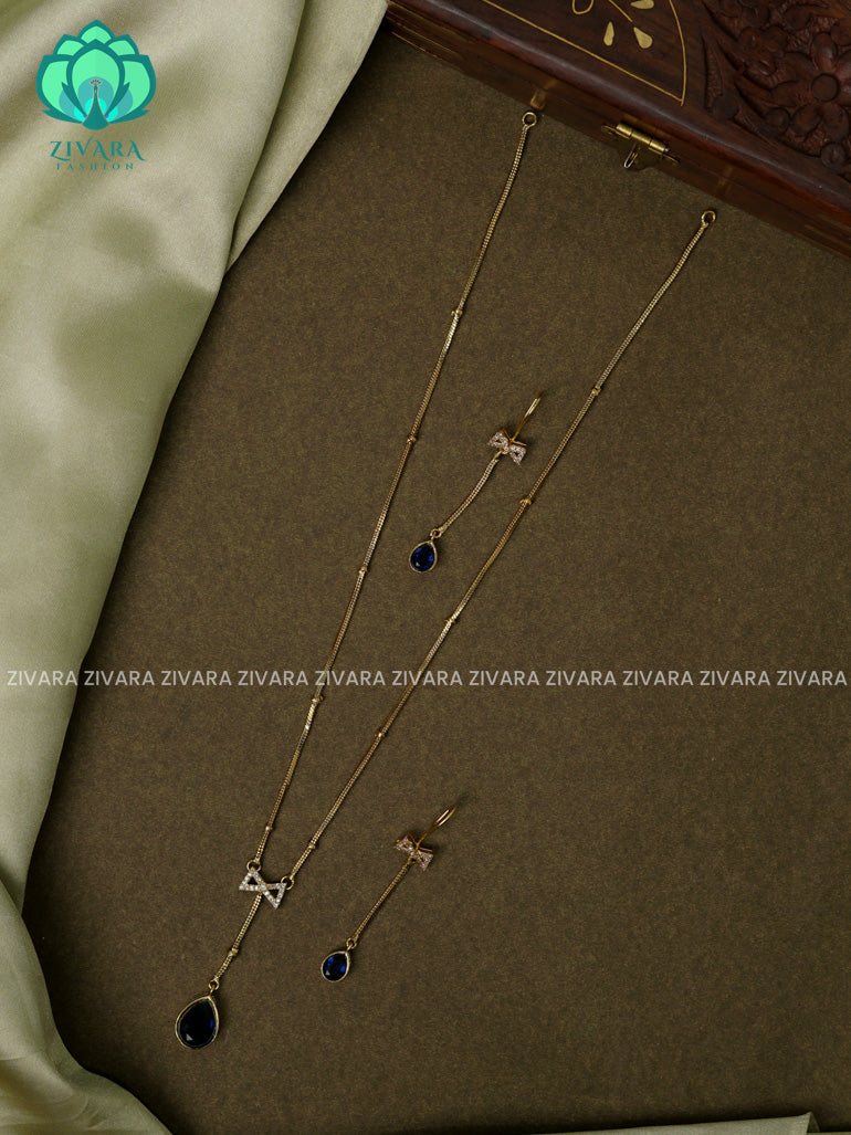 BLUE SIMPLE CHAIN WITH bow PENDANT Traditional south indian premium neckwear with earrings- Zivara Fashion- latest jewellery design