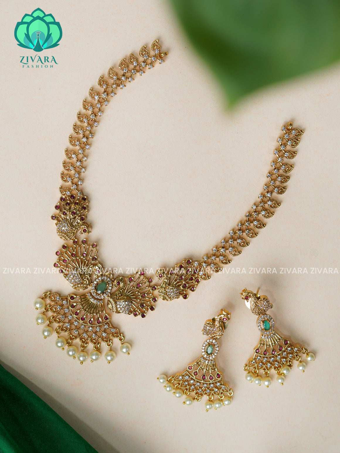 BRIDAL STONE PEACOK neckwear with earrings  -  latest pocket friendly south indian jewellery collection