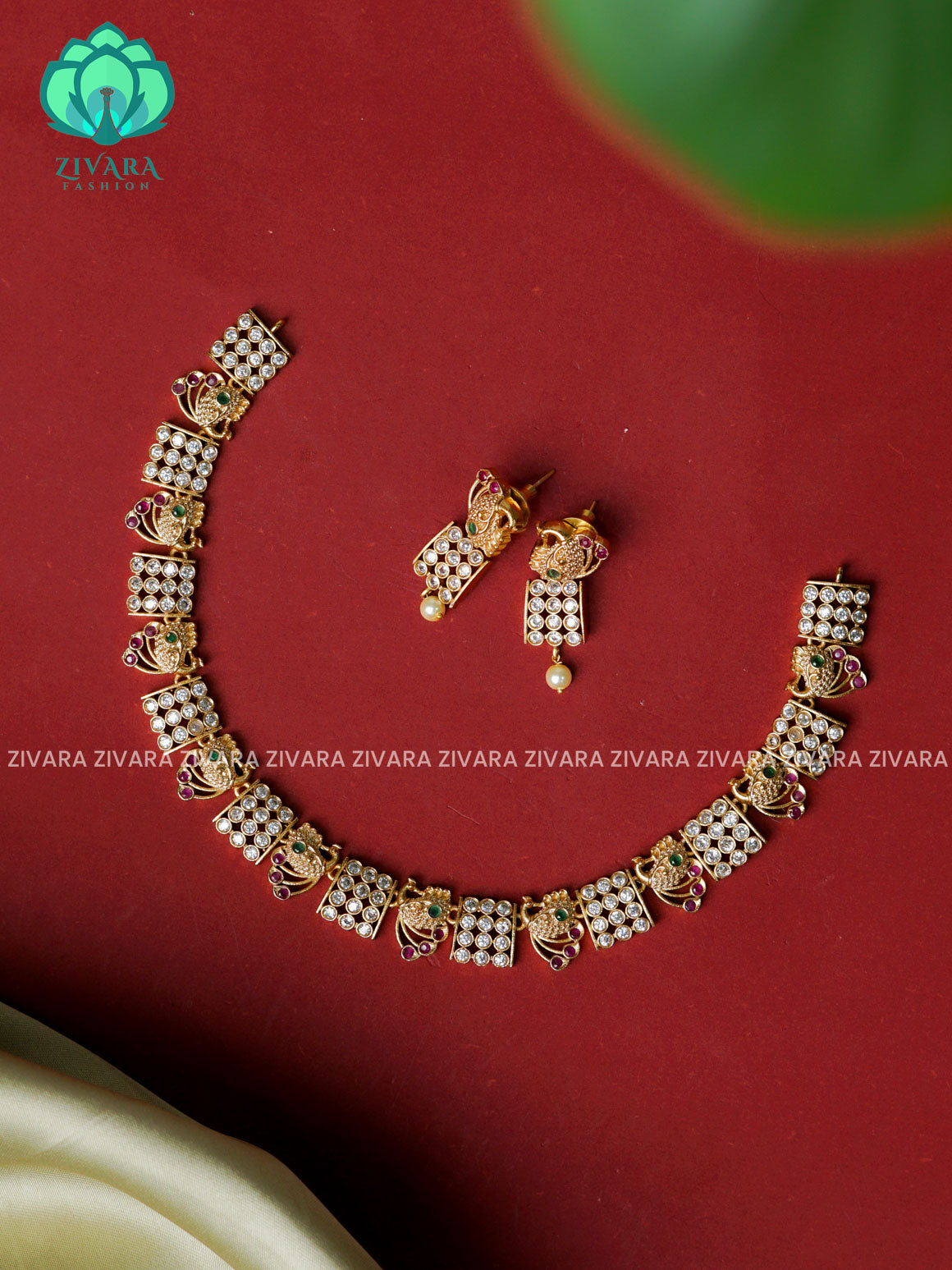 PEACOCK BOX STONE  -Traditional south indian premium neckwear with earrings- Zivara Fashion- latest jewellery design.