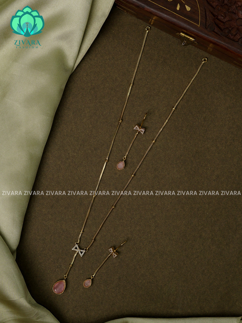 PASTEL pink SIMPLE CHAIN WITH bow PENDANT Traditional south indian premium neckwear with earrings- Zivara Fashion- latest jewellery design