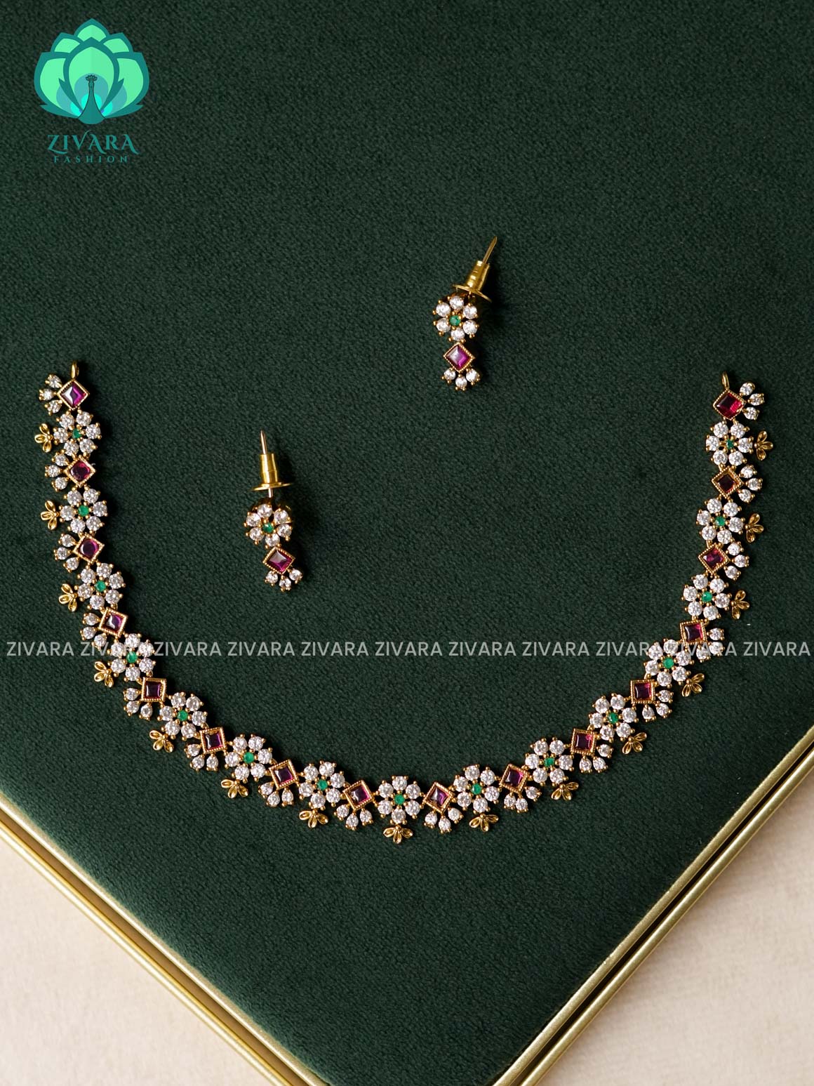 REAL KEMP RUBY GREEN FLOWER NECKWEAR - Traditional south indian premium neckwear with earrings- Zivara Fashion- latest jewellery design
