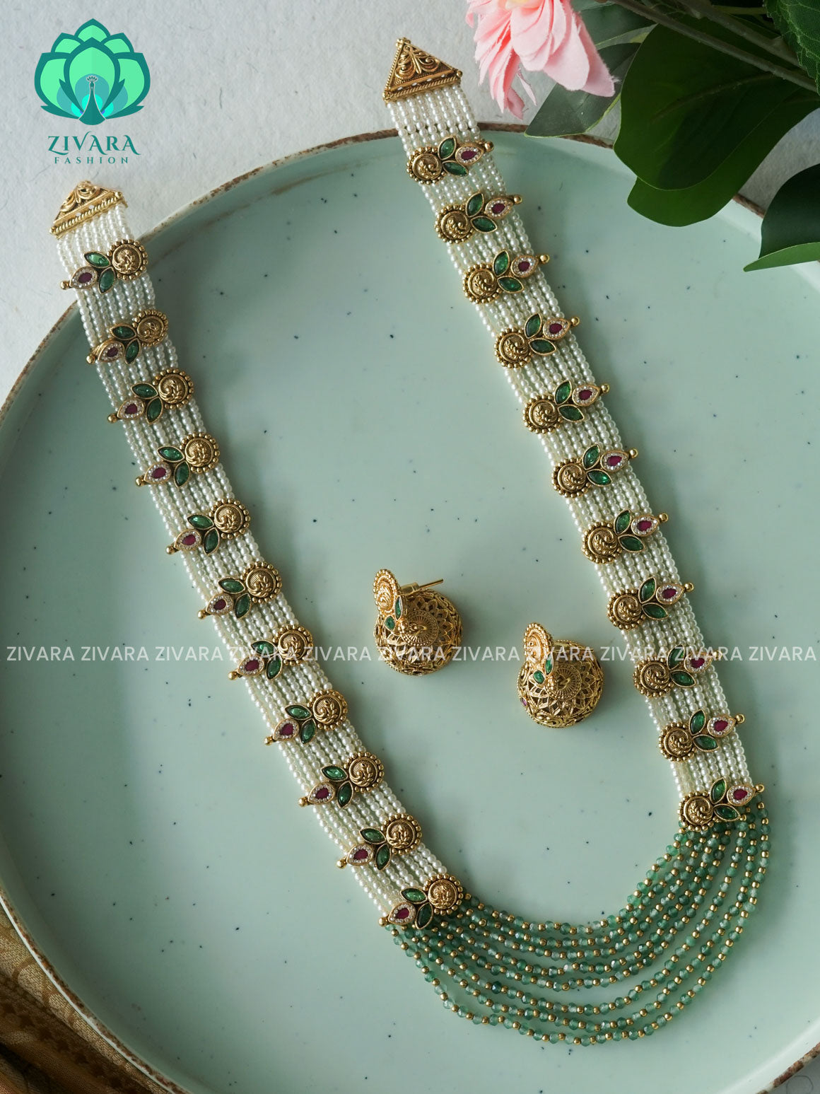 GREEN WHITE  beads haaram MIDCHEST  neckwear with earrings- PREMIUM  Matte Finish- Zivara Fashion
