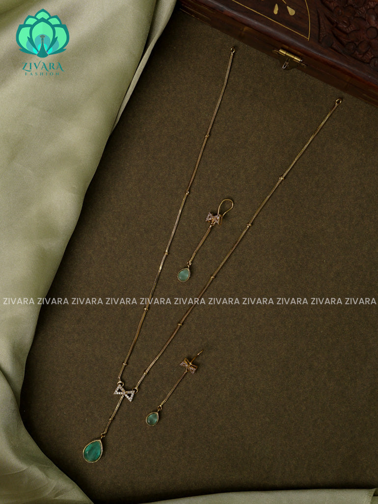 PASTEL GREEN SIMPLE CHAIN WITH bow PENDANT Traditional south indian premium neckwear with earrings- Zivara Fashion- latest jewellery design