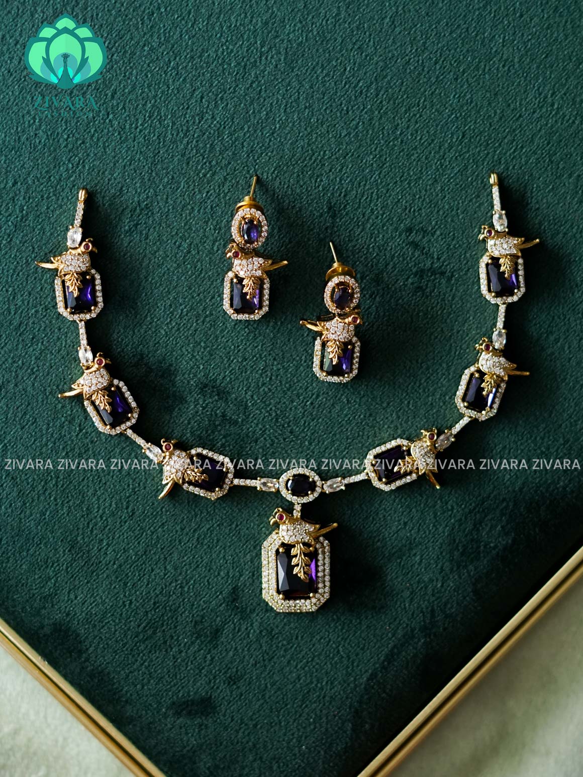 PURPLE-CUTE PARROT NECK WEAR WITH EARRINGS   - Premium quality CZ Matte collection-south indian jewellery
