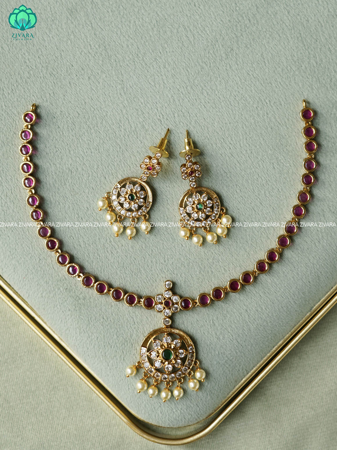 EVERGREEN MATTE FINISH ruby green stone attigai-Traditional south indian premium neckwear - Zivara Fashion- latest jewellery design.