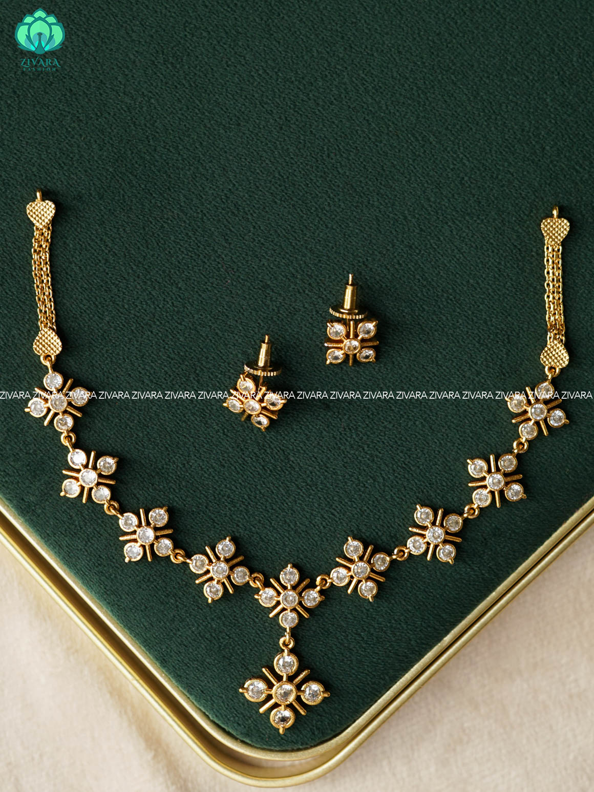 WHITE STONE FLORAL KIDS FRIENDLY NECKWEAR - Traditional south indian premium neckwear with earrings - Zivara Fashion- latest jewellery design