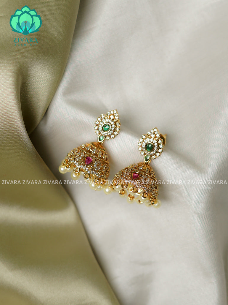 Ruby and green stone  Medium sized - TRADITIONAL PREMIUM MATTE  polish JHUMKA- latest jewellery collection- zivara fashion