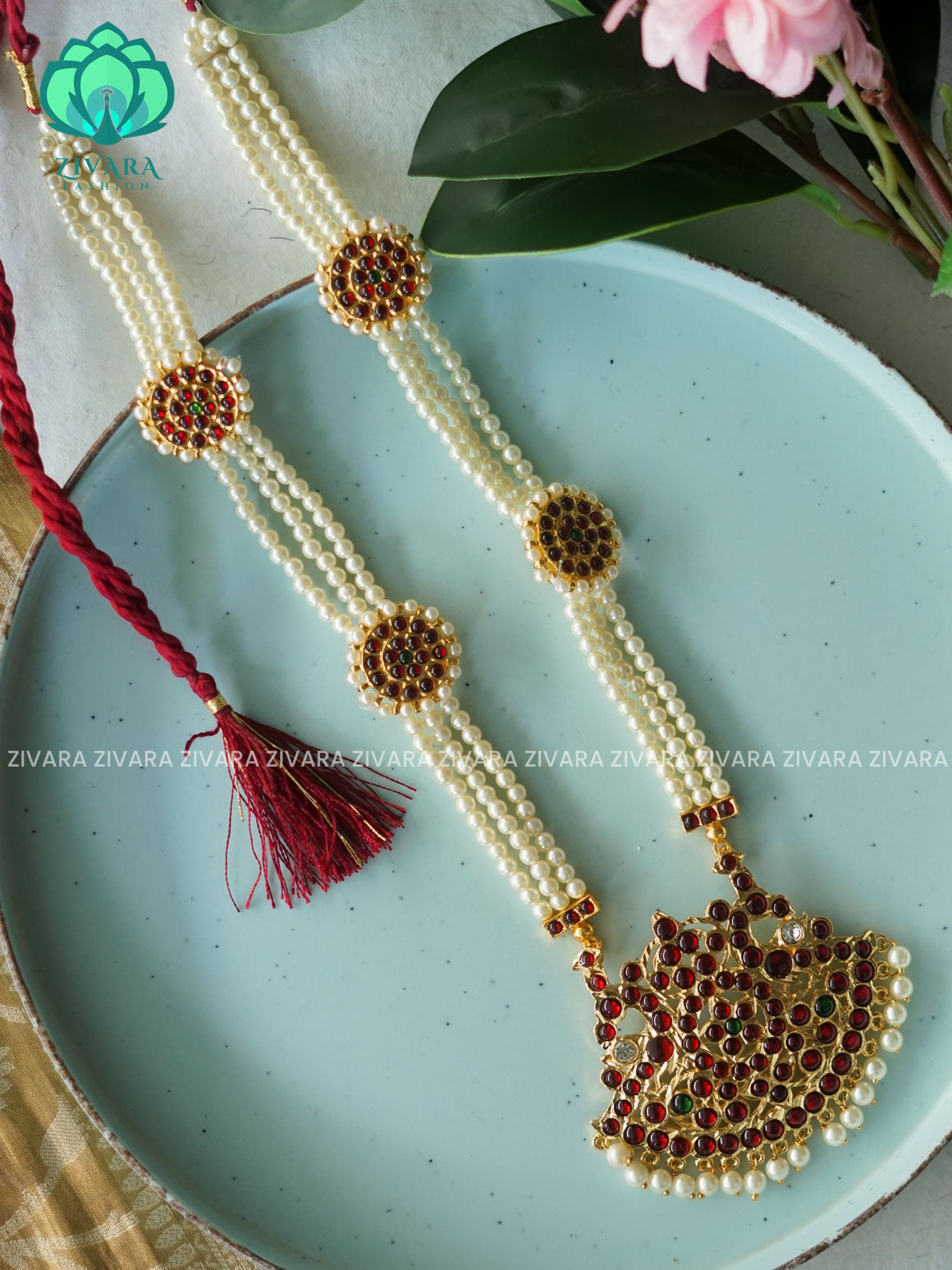 RED AND GREEN- RUKMANI- MOTIF HAARAM HANDMADE LONG NECKWEAR- latest kemp dance jewellery collection
