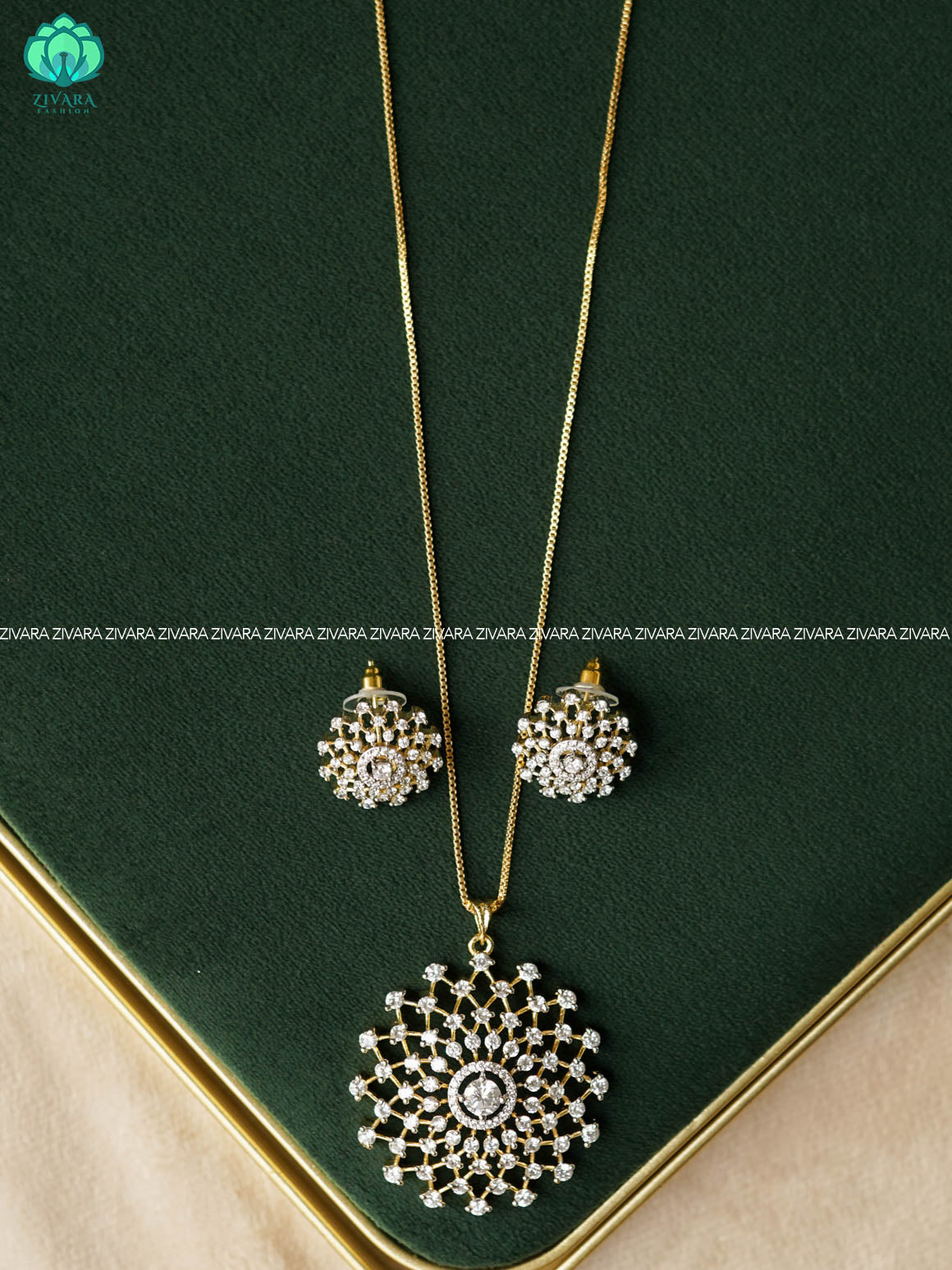 Zyra- Diamond replica Rhodium  polish pendant set and earrings ( CHAIN COMPLIMENTARY)  -Trending office wear jewellery-Zivara fashion