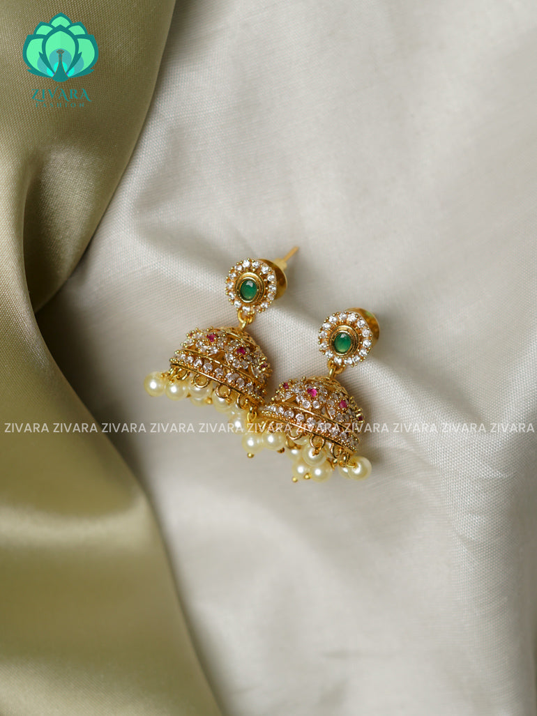Green Ad stone  small sized - TRADITIONAL PREMIUM MATTE  polish JHUMKA- latest jewellery collection- zivara fashion