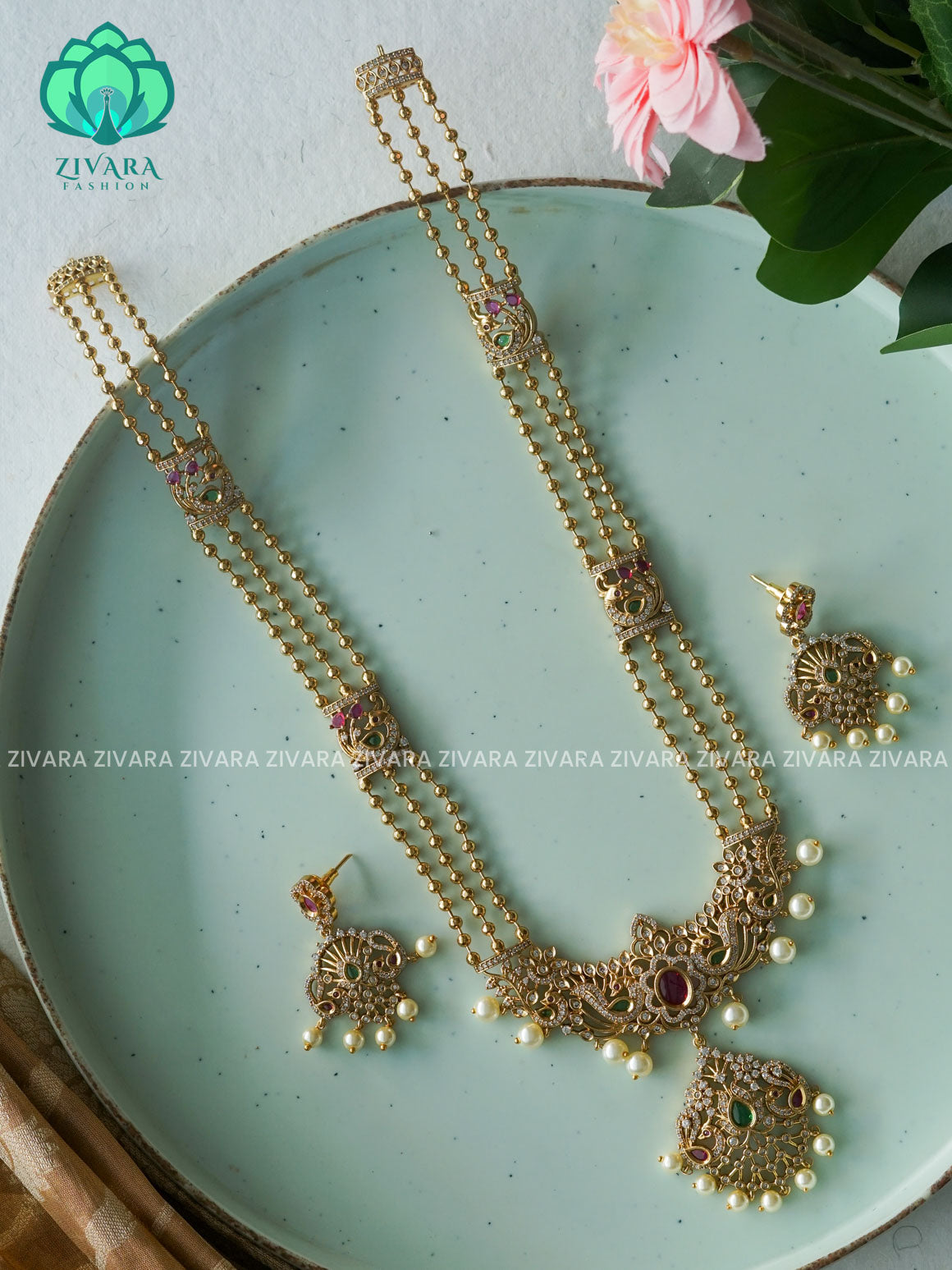 PEACOCK PENDANT BALL CHAIN - Traditional PREMIUM MATTE polish MIDCHEST haaram/neckwear with earrings- Zivara Fashion