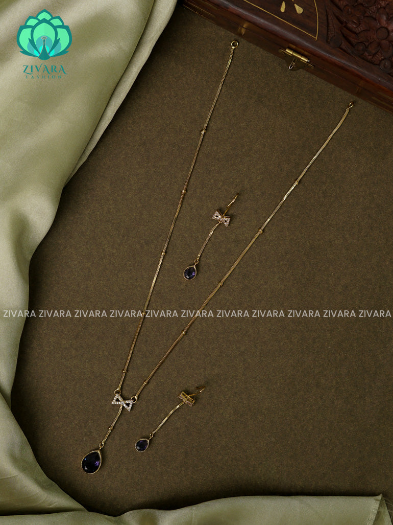 PURPLE SIMPLE CHAIN WITH bow PENDANT Traditional south indian premium neckwear with earrings- Zivara Fashion- latest jewellery design