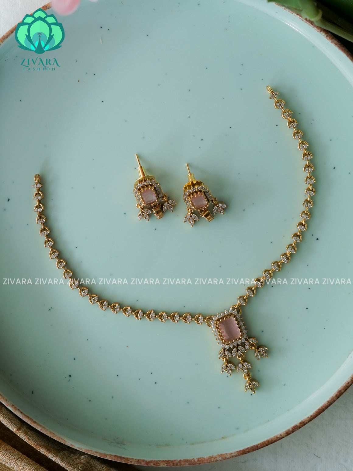 PINK SMALL SIZE  -PREMIUM SUBTLE GOLD FINISH  stylish and minimal elegant neckwear with earrings- Zivara FashioN