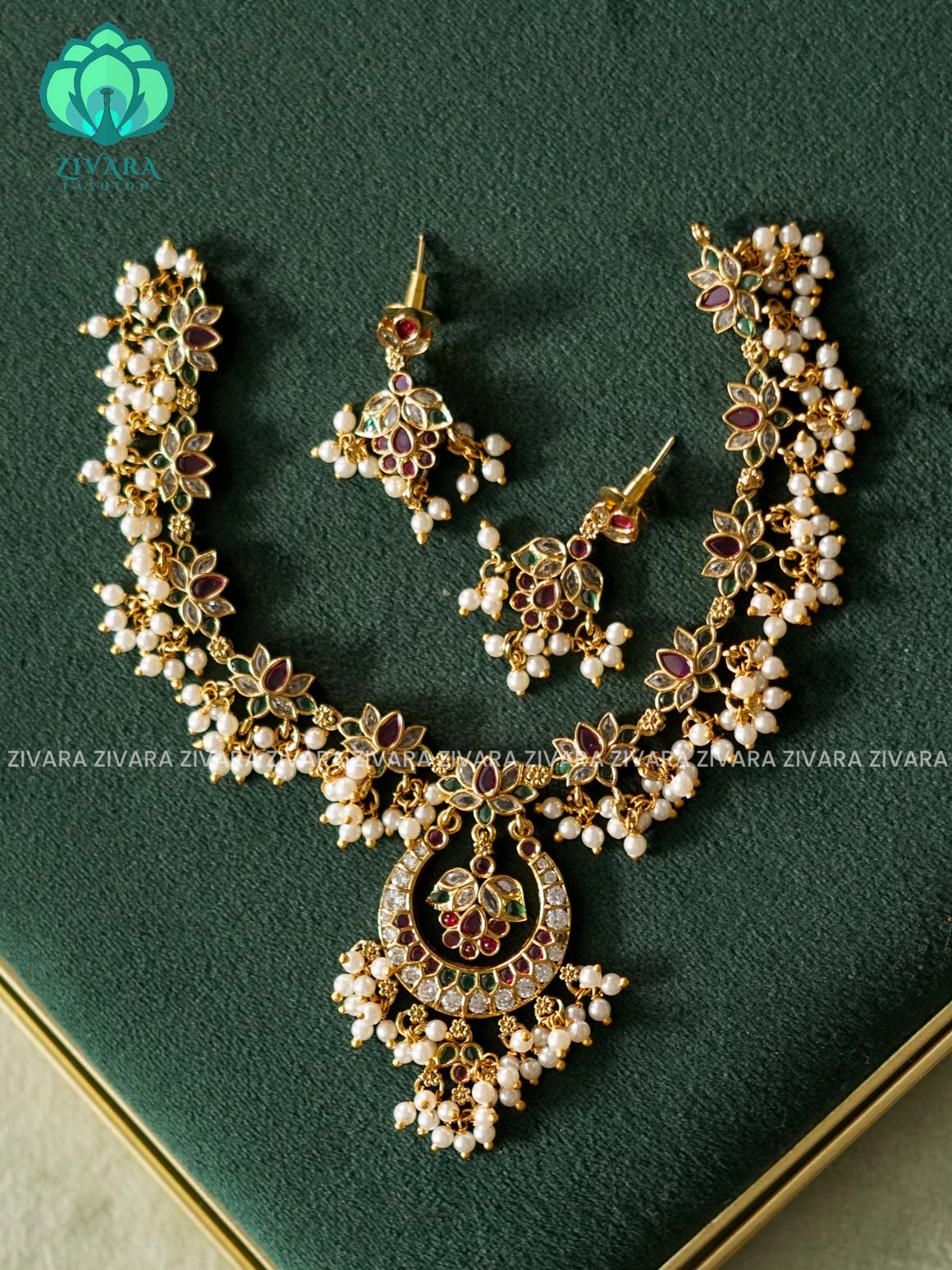 REAL KEMP LOTUS PENDANT  - FLEXIBLE CHAIN WITH HANGING -Traditional south indian premium neckwear with earrings- Zivara Fashion- latest jewellery design