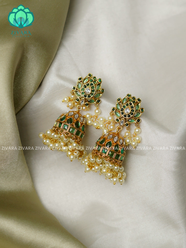 Green - Latest design Real kemp lotus jhumka 2 - TRADITIONAL PREMIUM MATTE polish JHUMKA- latest jewellery collection- zivara fashion