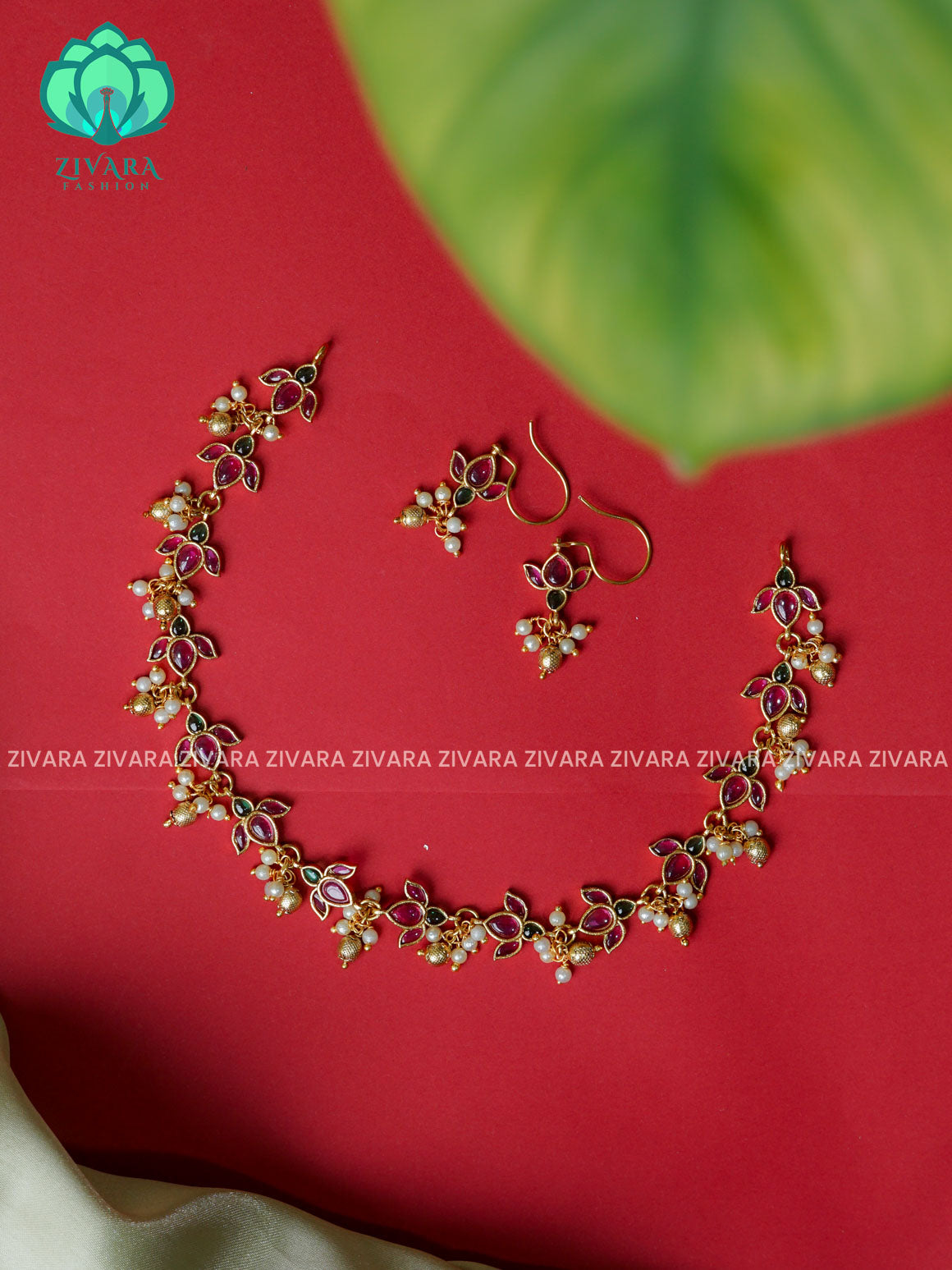 Real kemp lotus- Traditional south indian premium neckwear with earrings- Zivara Fashion- latest jewellery design.