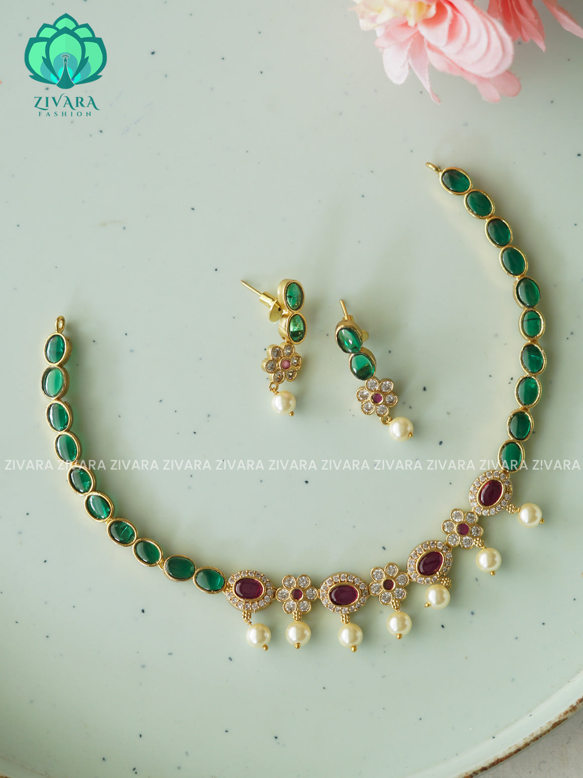 GREEN MOTIF FREE - STONE CHAIN WITH HANGINGS -Traditional south indian premium neckwear with earrings- Zivara Fashion- latest jewellery design