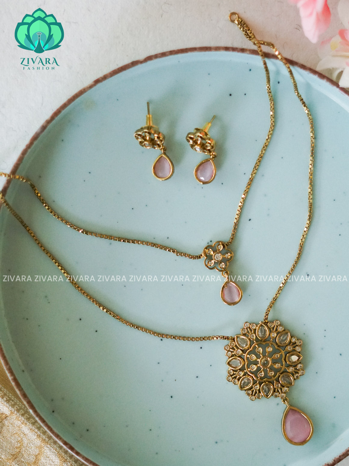 Pastel pink - DOUBLE LAYER flower  THIN PARROT CHAIN  -Traditional south indian premium neckwear with earrings- Zivara Fashion- latest jewellery design.