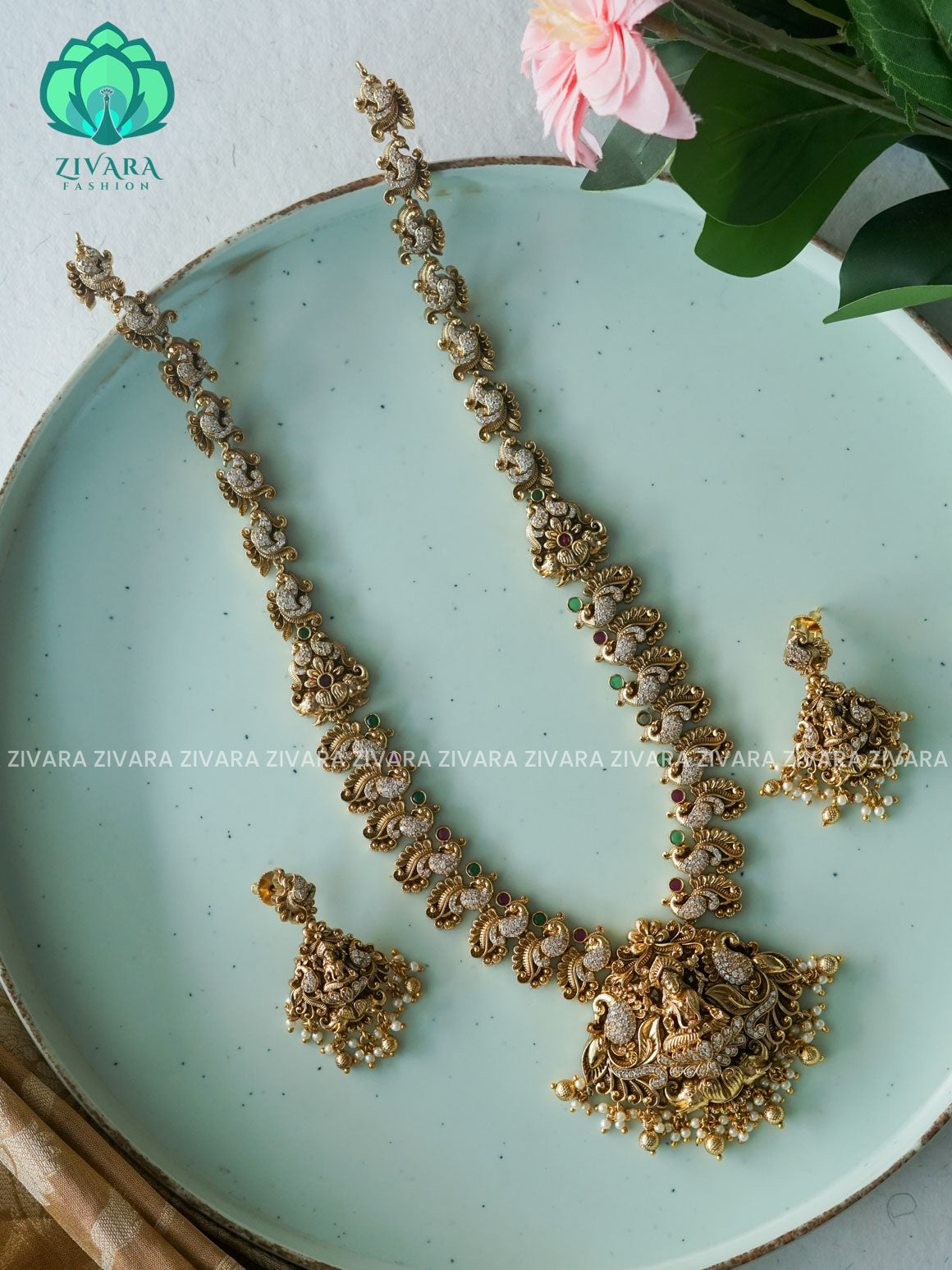 Grand bridal temple Traditional PREMIUM MATTE polish MIDCHEST haaram/neckwear with earrings- Zivara Fashion