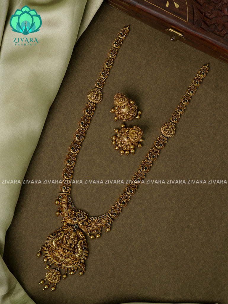 TEMPLE NAKSHI- Traditional PREMIUM MATTE polish MIDCHEST haaram/neckwear with earrings- Zivara Fashion