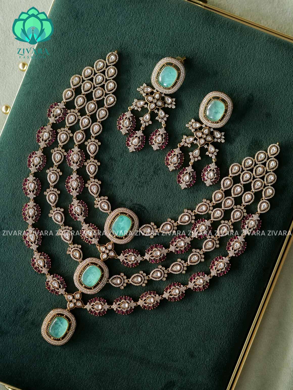 AKSHAYAM - PASTEL GREEN BRIDAL 4 LAYER NECK WEAR WITH EARRINGS   - Premium quality Matte collection-south indian jewellery