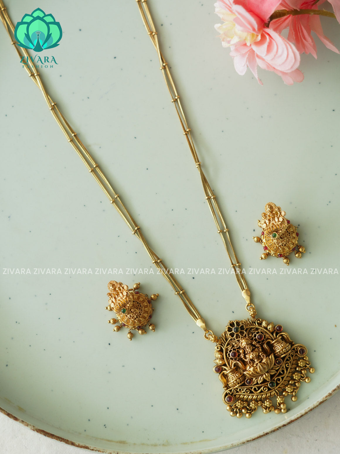 NITHYA TEMPLE NO STONE NORMAL MATTE neckwear with earrings- Zivara Fashion- latest jewellery design