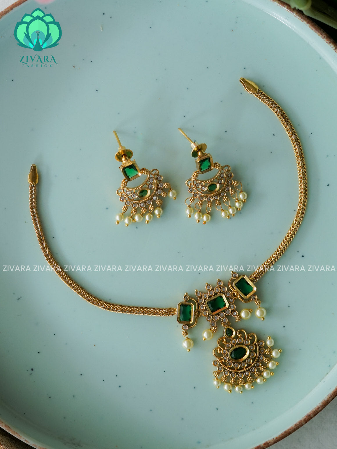 GREEN - SMALL PENDANT Flexible chain and STONE  pendant -Traditional south indian premium neckwear with earrings- Zivara Fashion- latest jewellery design
