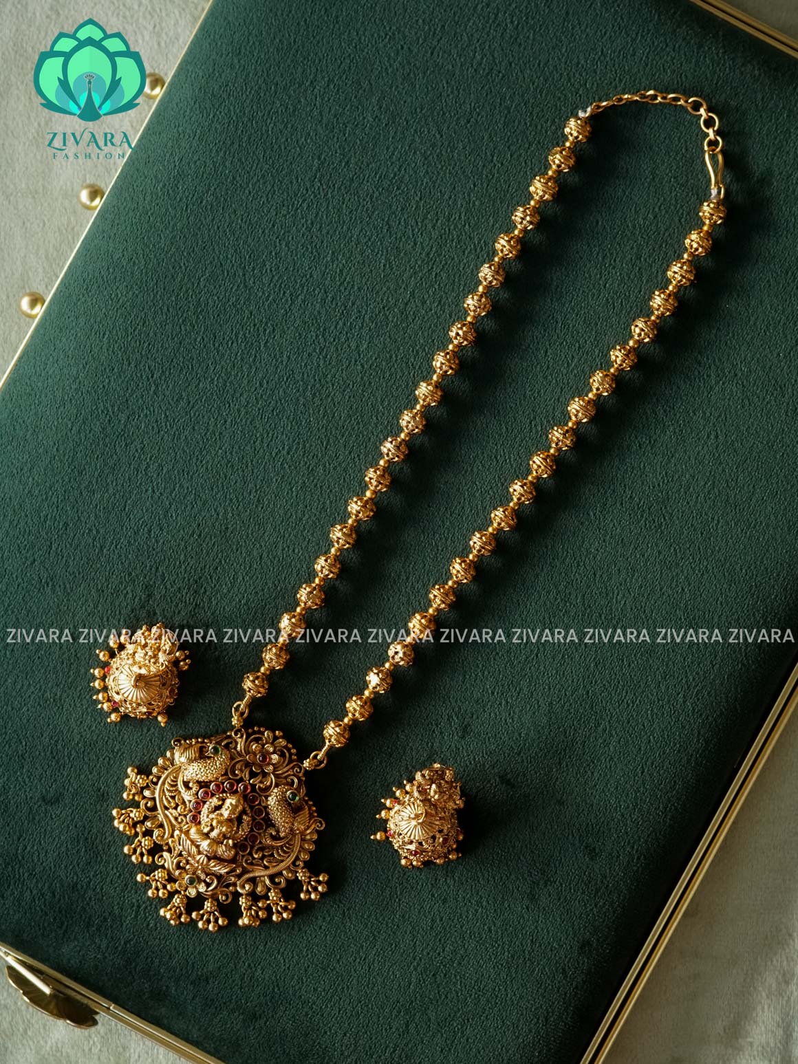 VISHALI GOLD BALL AND TEMPLE PENDANT BALL CHAIN - Traditional NORMAL MATTE polish MIDCHEST haaram/neckwear with earrings- Zivara Fashion