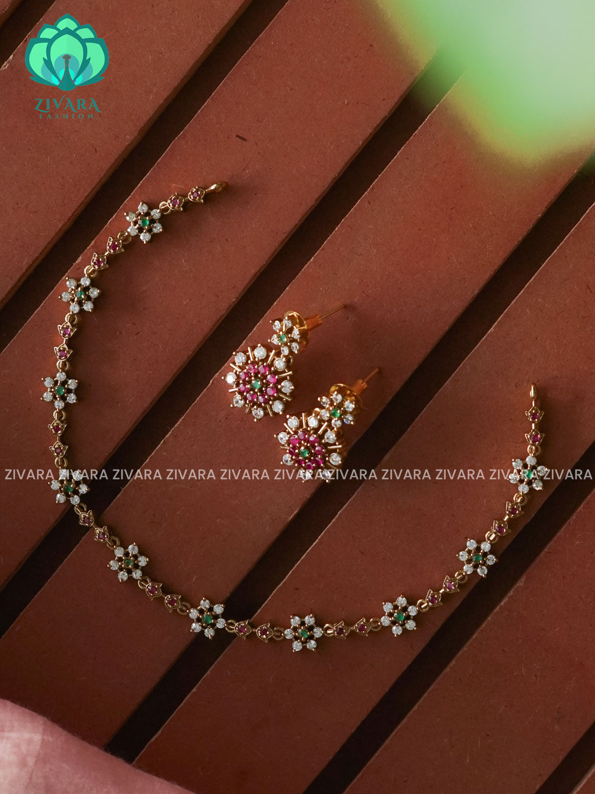 Ruby green white stone -  simple kids friendly stylish and minimal elegant neckwear with earrings- Zivara Fashion