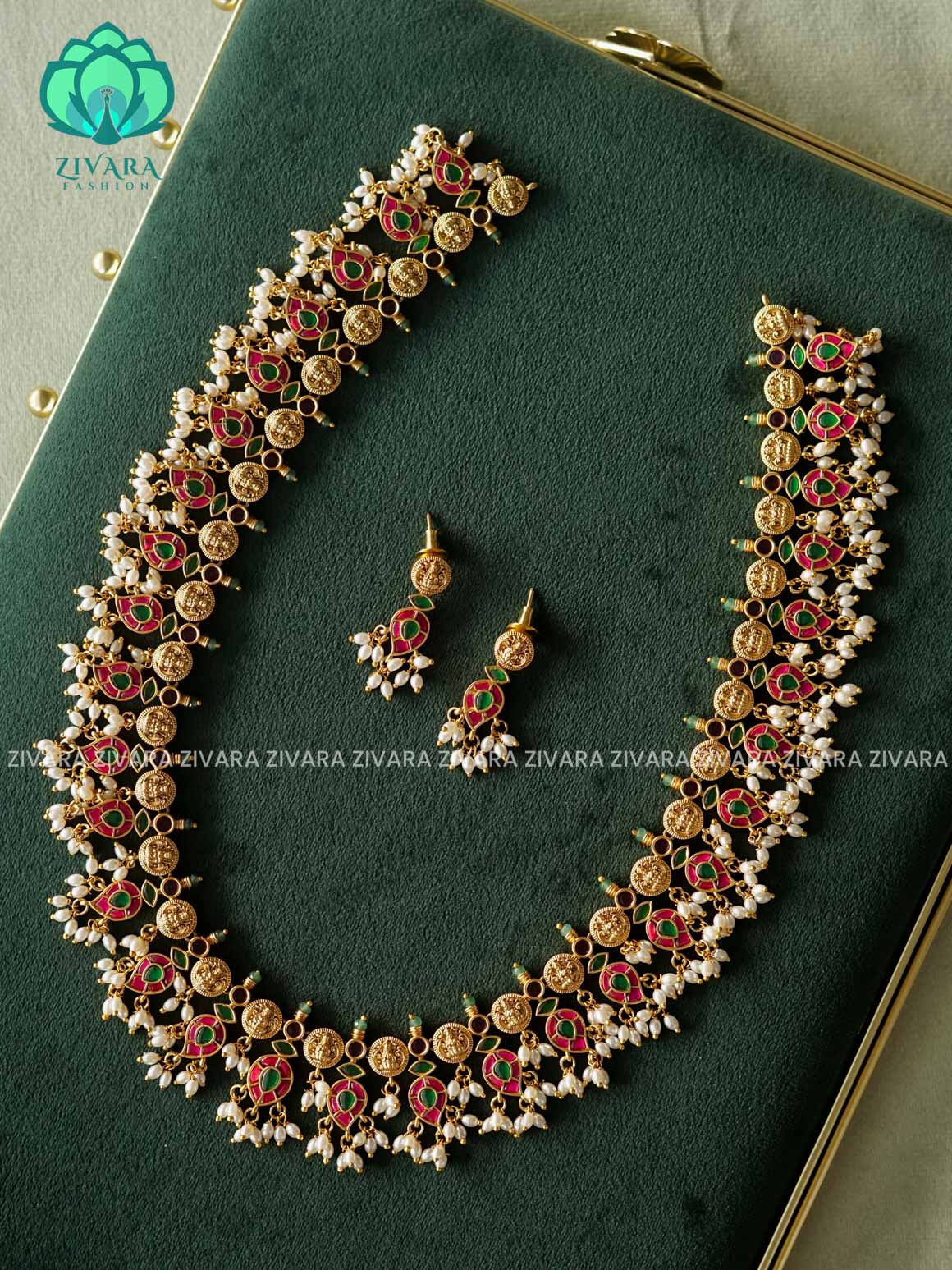 JADAU TEMPLE WITH MANGO MOTIF BRIDAL - Traditional  MIDCHEST haaram/neckwear with earrings- Zivara Fashion