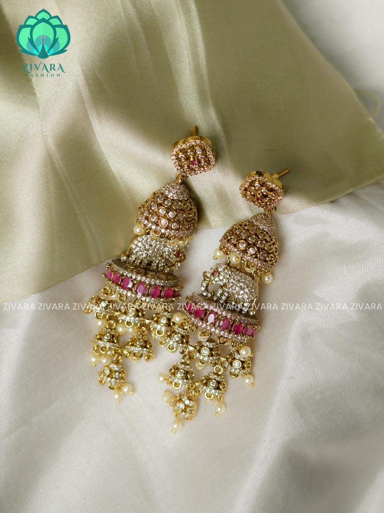 Ruby - HEAVY AND LONG AD stone ELEPHANT jhumka (3 TO 3.5 INCHES)- CZ matte Earrings- Zivara Fashion