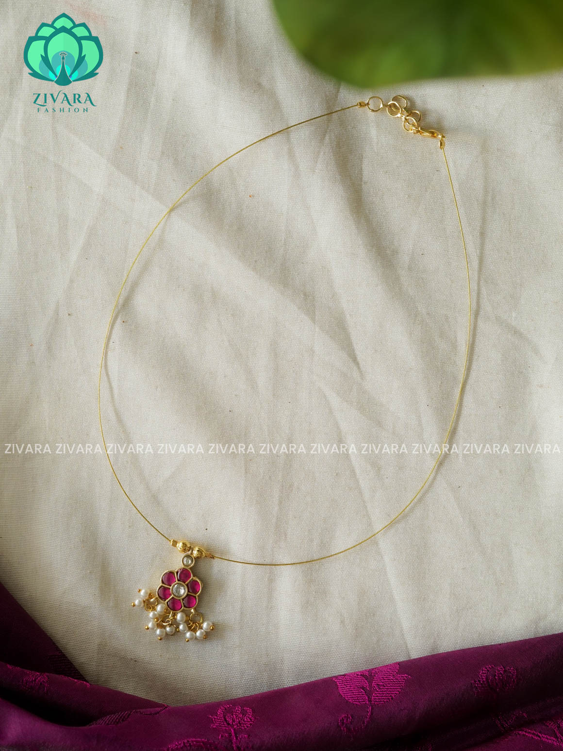 PINK AND WHITE- FLOWER  JADAU TAMARA INVISIBLE MINIMAL ELEGANT HANDMADE NECKLACE WITH BRILLIANT FINISH MOTIFS- ZIVARA FASHION