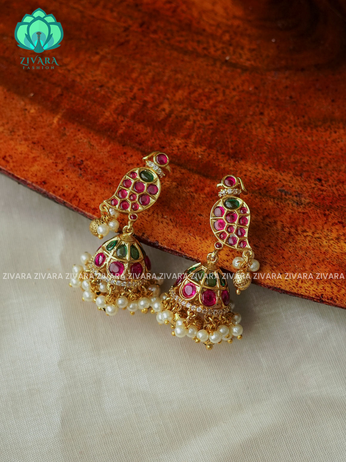 Ruby  green stone  Medium sized - TRADITIONAL PREMIUM MATTE  polish JHUMKA- latest jewellery collection- zivara fashion