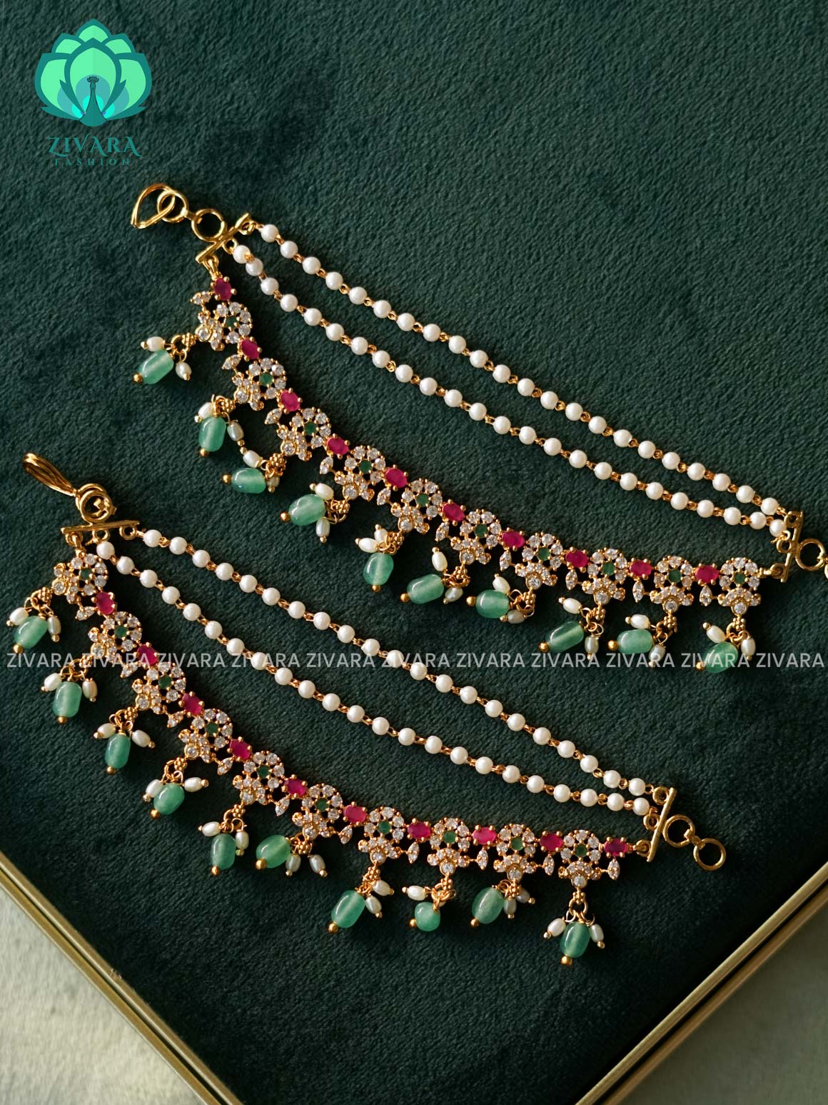3 layer GREEN BEADS HANGINGS  EARCHAIN/MAATAL bridal accessory- zivara fashion-latest jewellery collection