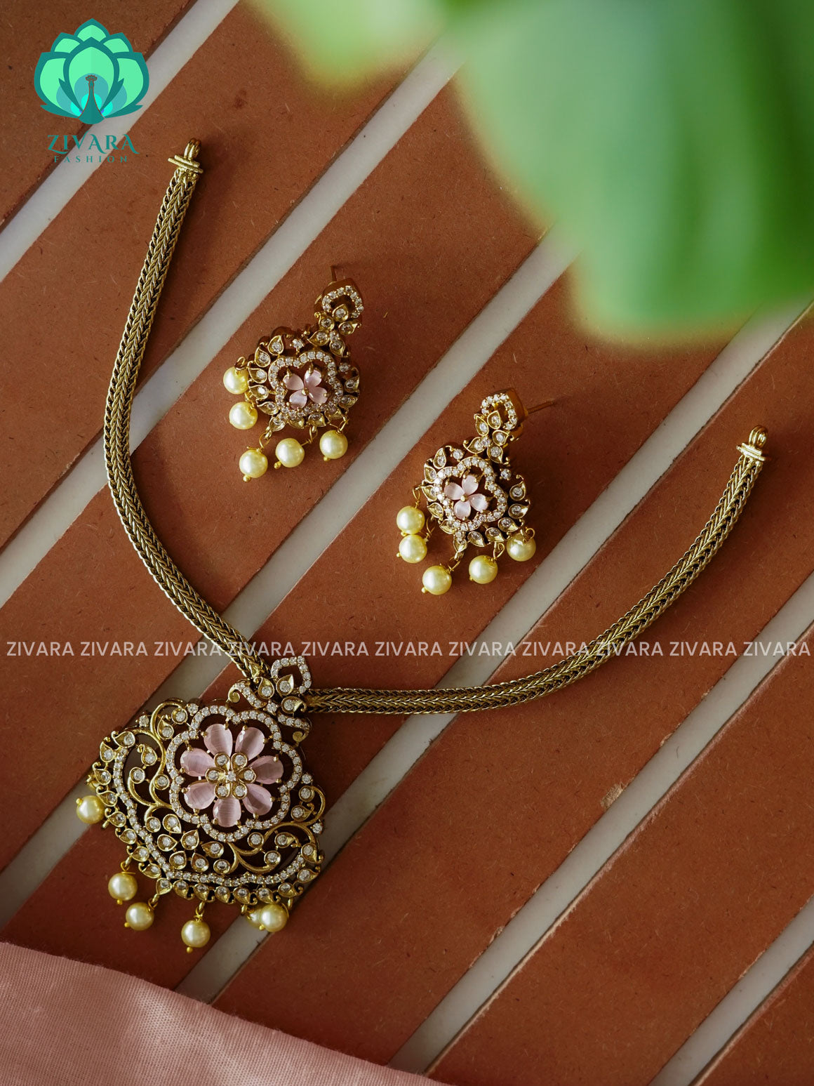 PINK- BIG FLOWER PENDANT-Traditional south indian premium neckwear with earrings- Zivara Fashion- latest jewellery design.