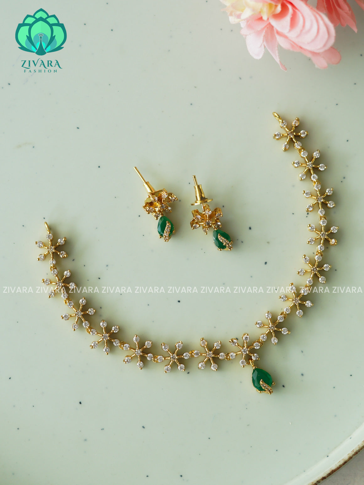 Kanya -GREEN STONE DIAMOND REPLICA - SUBTLE POLISH stylish and minimal elegant neckwear with earrings- Zivara Fashion