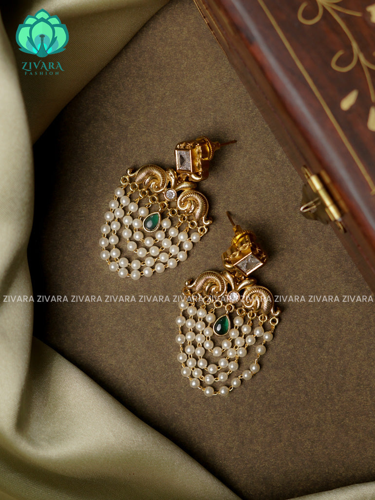 White and green - Cute layered pearl danglers - TRADITIONAL PREMIUM MATTE  polish BALI- latest jewellery collection- zivara fashion