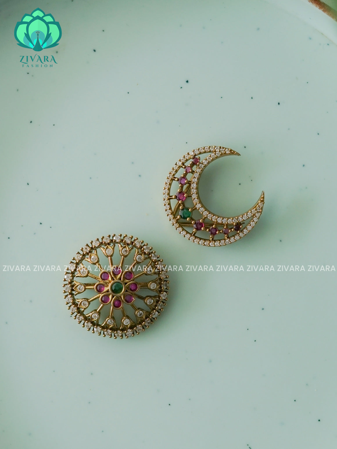 RUBY GREEN WHITE - SUN MOON - SURYA CHANDRA - TRADITIONAL(1 INCH) REAL KEMP  HAIR ACCESSORIES- ZIVARA FASHION